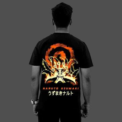Back view of man wearing Vlack Regular Fit Naruto Kurama Mode black t-shirt with fiery Kurama design and Naruto Uzumaki text