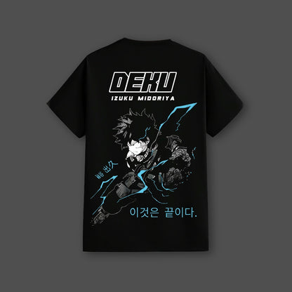 Izuku Midoriya black t-shirt regular fit Vlack with large Deku back graphic and blue lightning accents