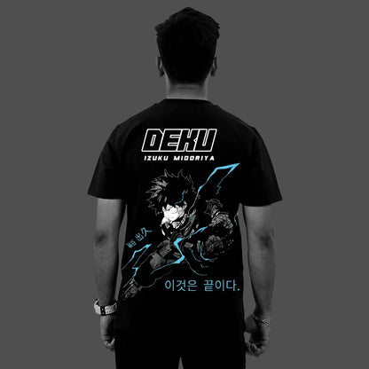Izuku Midoriya black t-shirt regular fit Vlack back view Deku anime graphic with blue lightning accents and Korean text