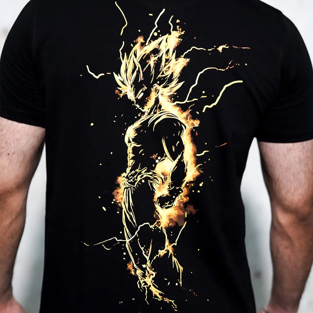 Regular fit Vlack Saiyan black t-shirt with fiery glowing Super Saiyan silhouette graphic on back