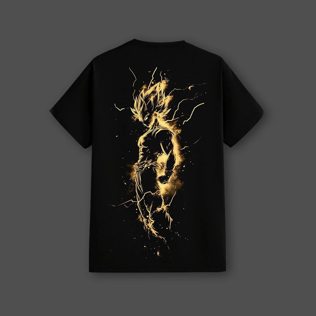 Vlack regular fit Saiyan black t-shirt featuring glowing gold Super Saiyan silhouette design on the back