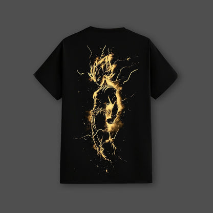 Vlack regular fit Saiyan black t-shirt featuring glowing gold Super Saiyan silhouette design on the back