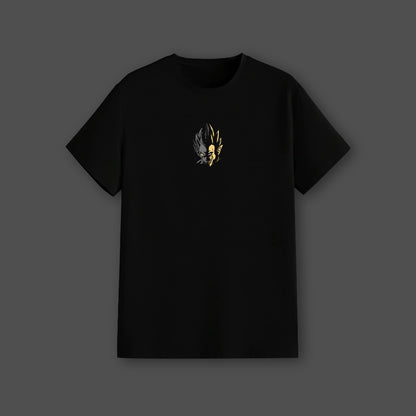 Vlack regular fit Saiyan black t-shirt featuring a small gold and silver Saiyan emblem on chest