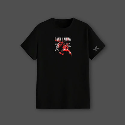 Baki Hanma black t-shirt regular fit by Vlack featuring red anime fighter print front casual streetwear