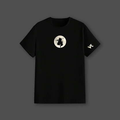 Inosuke Demon Slayer black t-shirt regular fit Vlack featuring moon silhouette graphic and VK sleeve logo