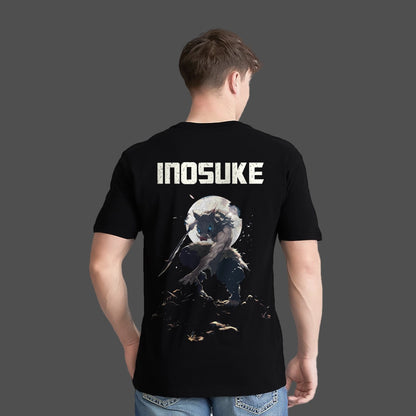 Model wearing Vlack regular fit Inosuke Demon Slayer black t-shirt. Large moon and wolf art on back