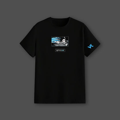 Vlack Regular Fit Demon Slayer black t-shirt with small anime action panel and blue VK sleeve logo