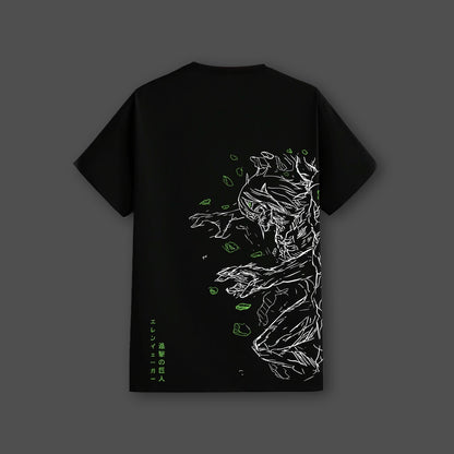 Attack on Titan black t-shirt regular fit Vlack brand back print with white sketch of Titan and green leaf accents