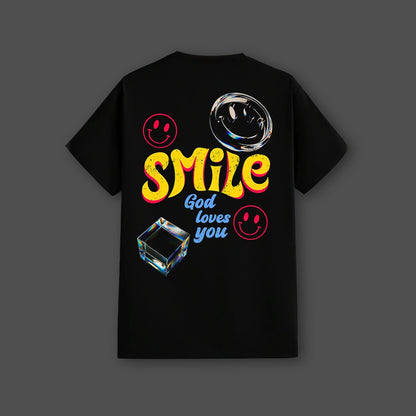 Black God loves you t-shirt with colorful 'SMILE' graphic and playful designs