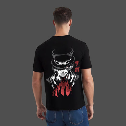 Men's regular fit black graphic t-shirt for men featuring an anime character design on the back
