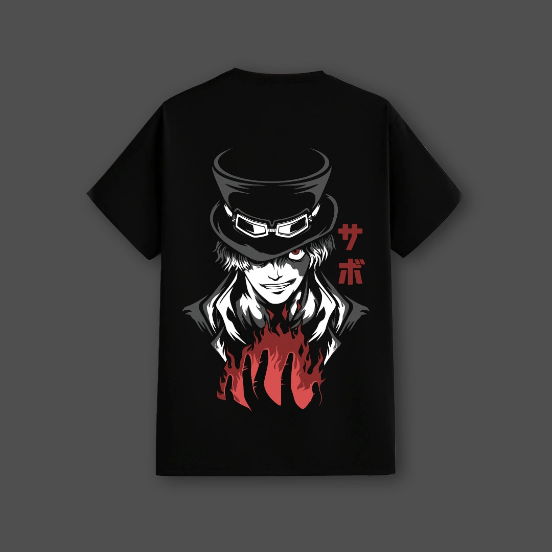 Vlack black graphic t-shirt for men featuring a striking character design with a hat and flames