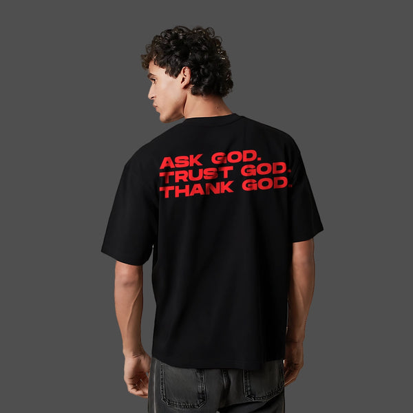 Trust God Front Puff Print Oversized Fit Black T-Shirt