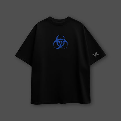 Black oversized graphic t-shirt featuring a blue biohazard logo for a bold streetwear style