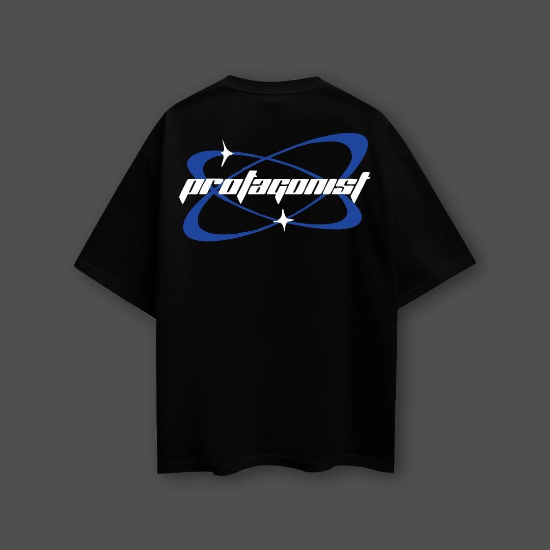 Black oversized graphic t-shirt featuring a bold 'protagonist' design on the back