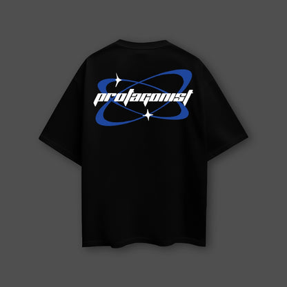 Black oversized graphic t-shirt featuring a bold 'protagonist' design on the back