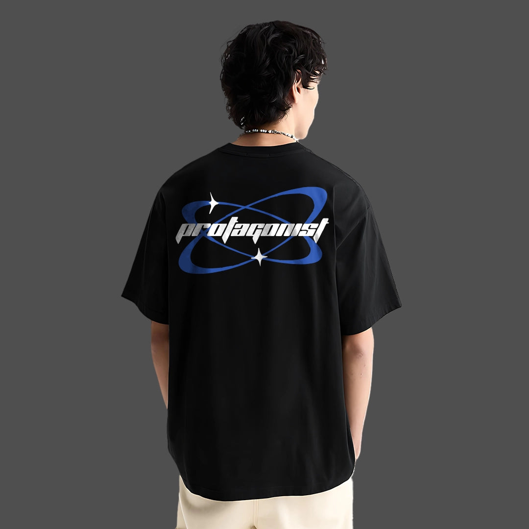 Vlack black oversized graphic t-shirt featuring a bold 'protagonist' design on the back