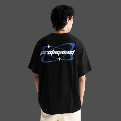 Vlack black oversized graphic t-shirt featuring a bold 'protagonist' design on the back