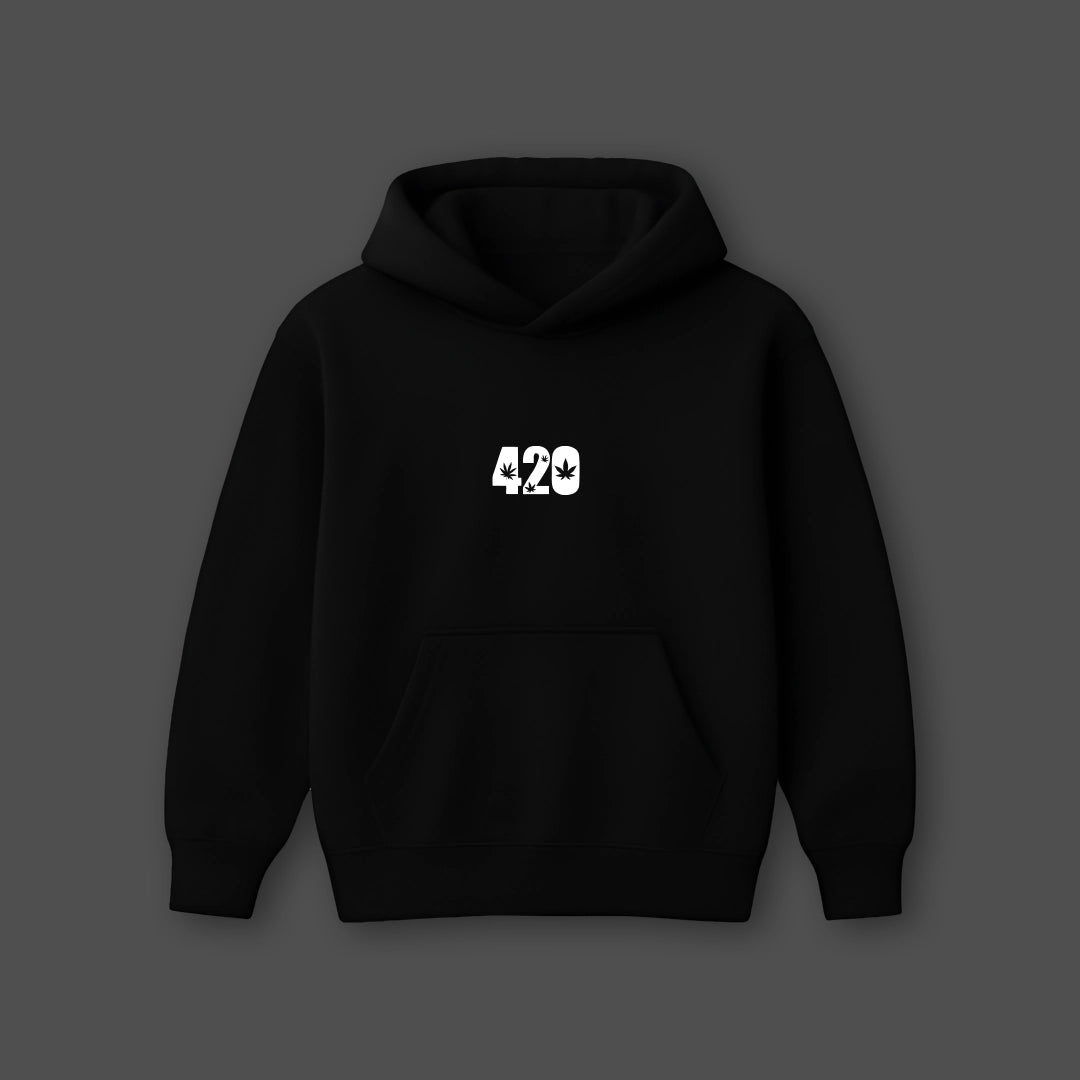 Vlack black oversized hoodie for men featuring a 420 graphic design on the front