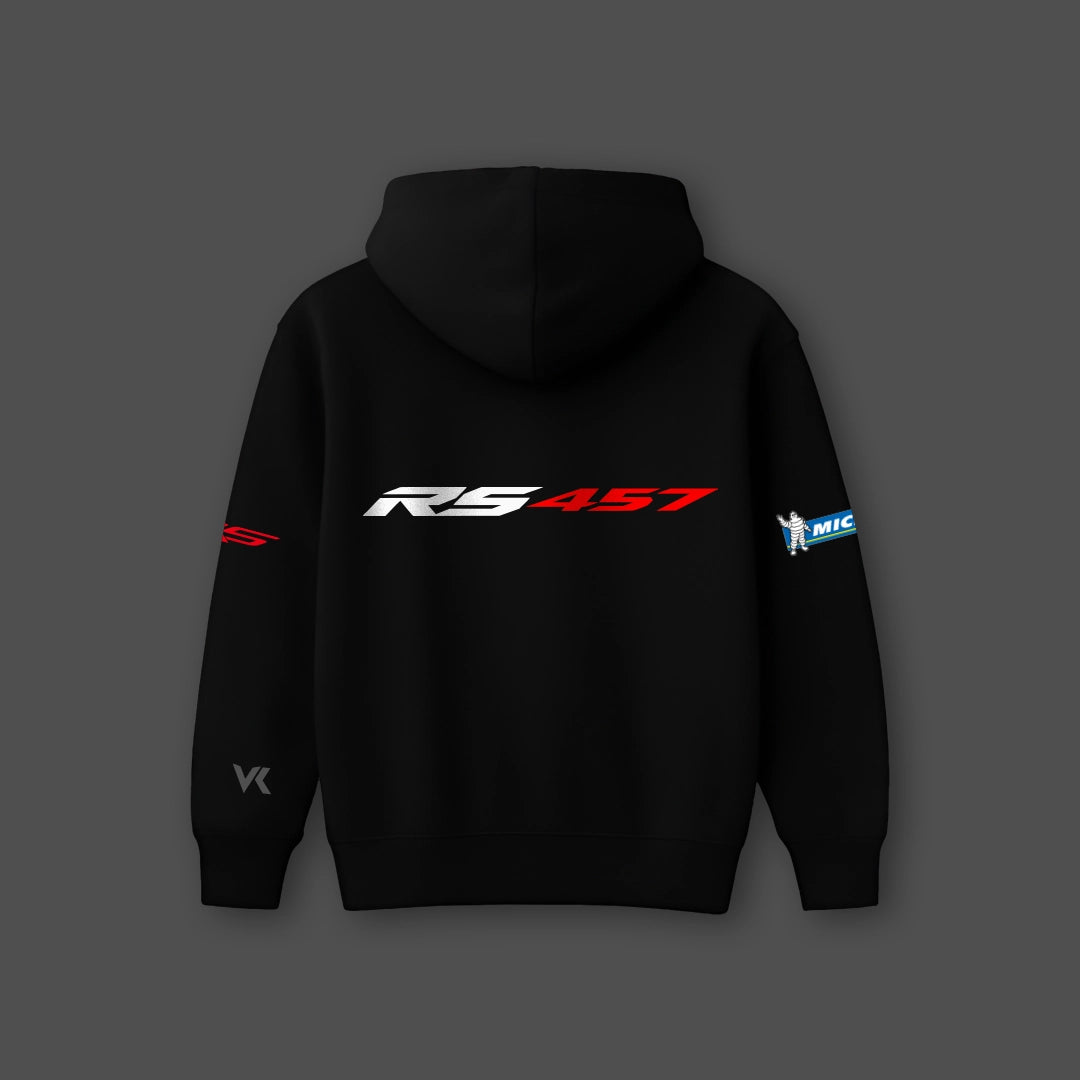 Black oversized hoodie from Vlack featuring bold RS457 graphics on the back and sleeves