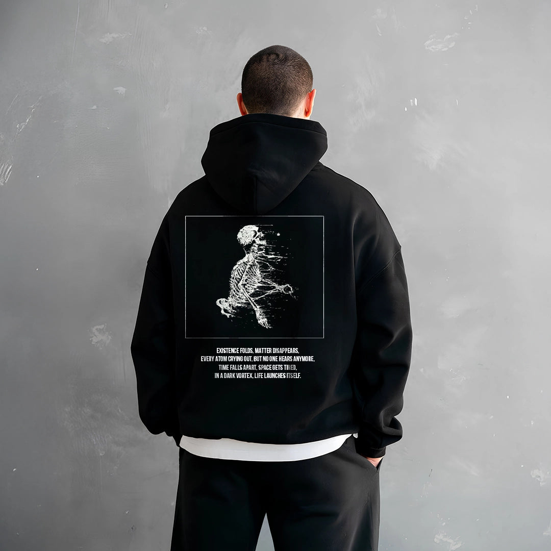 Vlack black oversized hoodie featuring a unique skeleton graphic on the back