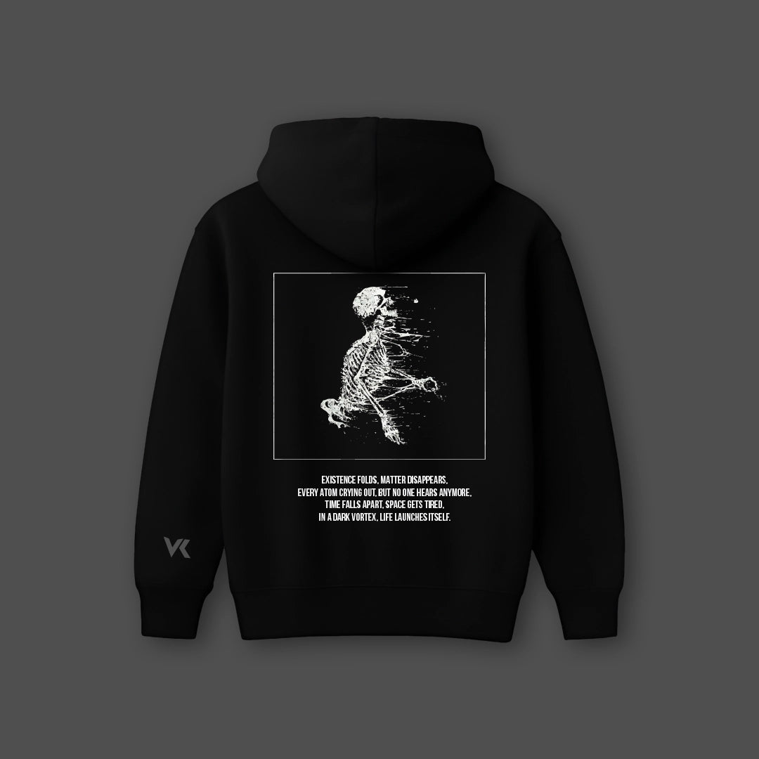Black oversized hoodie featuring unique graphic design and comfortable fit for everyday wear