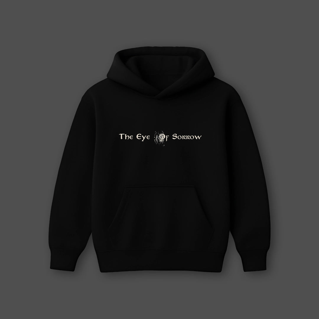 Vlack black oversized hoodie streetwear featuring 'The Eye of Sorrow' graphic design