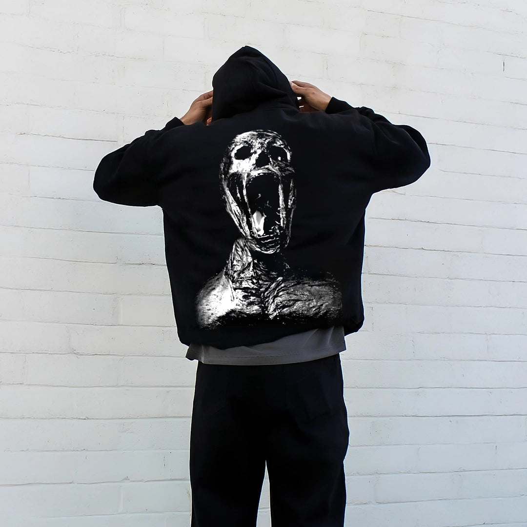 Vlack black oversized hoodie streetwear featuring a striking graphic design on the back