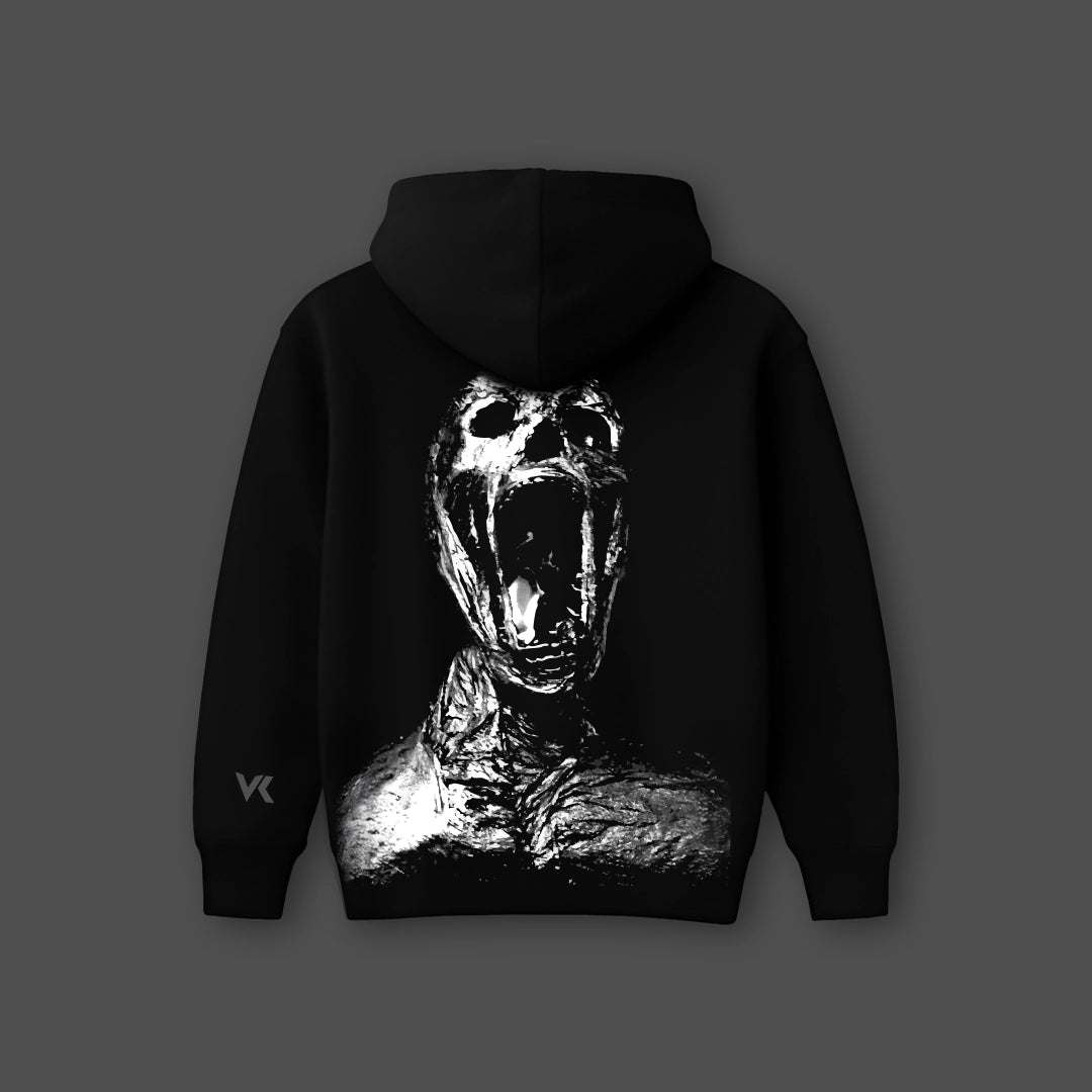 Vlack black oversized hoodie streetwear featuring a striking graphic design on the back