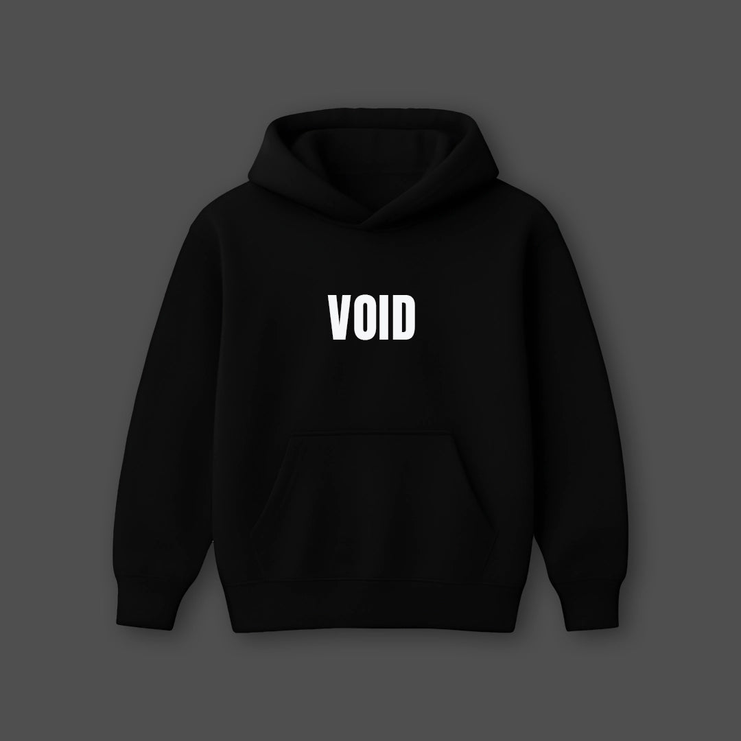 Black oversized hoodie featuring the word VOID in bold white letters on the front