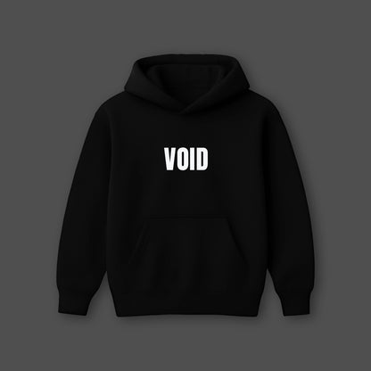 Black oversized hoodie featuring the word VOID in bold white letters on the front