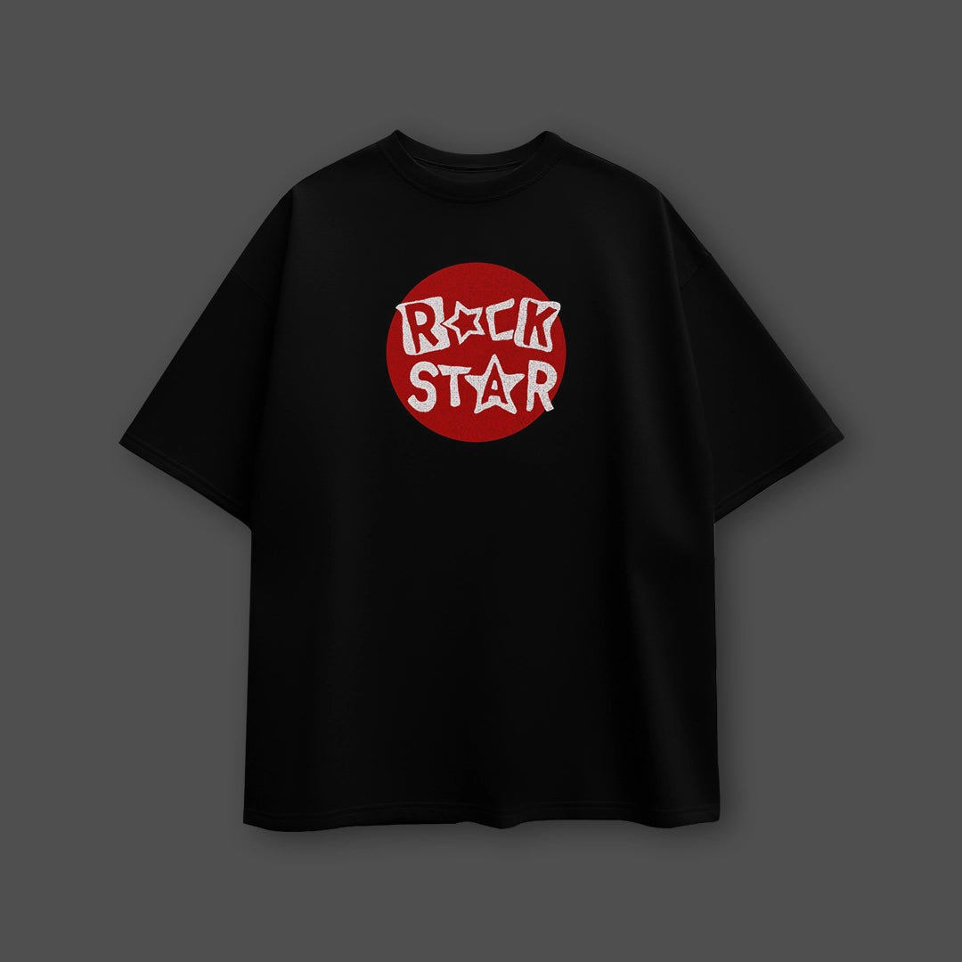 Black oversized rockstar t-shirt featuring a bold red circular logo with the text ROCK STAR
