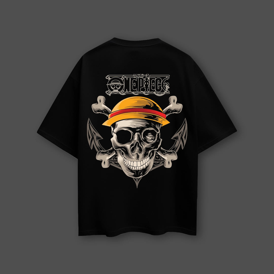 Black oversized skull t-shirt featuring a vibrant graphic with a pirate skull design and crossed bones