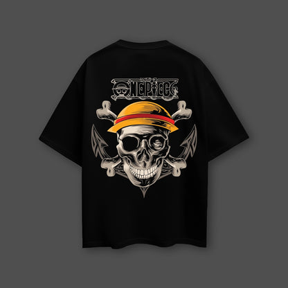Black oversized skull t-shirt featuring a vibrant graphic with a pirate skull design and crossed bones