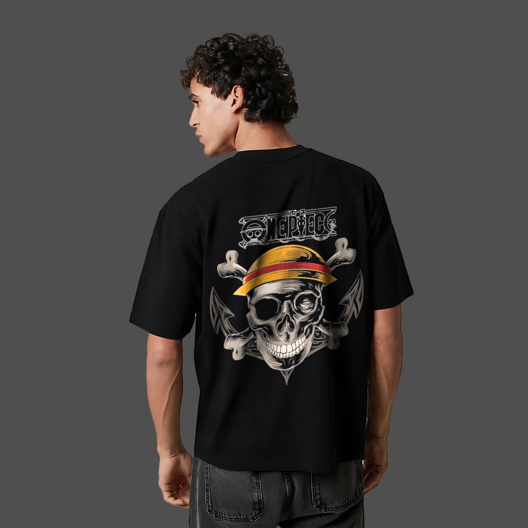 Black oversized skull t-shirt featuring a pirate skull design with crossbones on the back