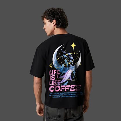 Vlack black oversized statement t-shirt with a colorful coffee-themed graphic on the back