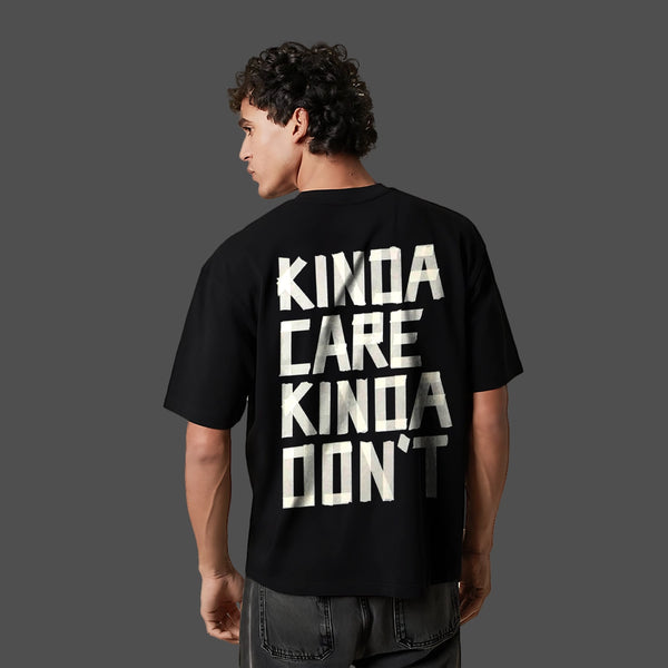 Kinda Care Kinda Don't Front Puff Print Oversized Fit Black T-Shirt