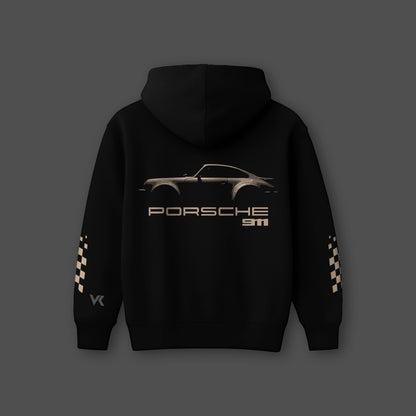 Black Porsche 911 hoodie featuring a stylish design and checkered sleeve details for car enthusiasts