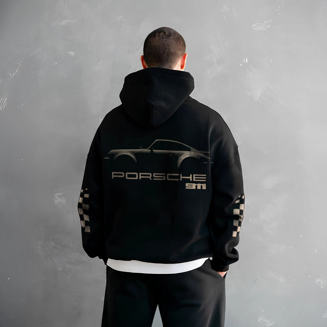 Stylish black Porsche 911 hoodie featuring a classic car design on the back