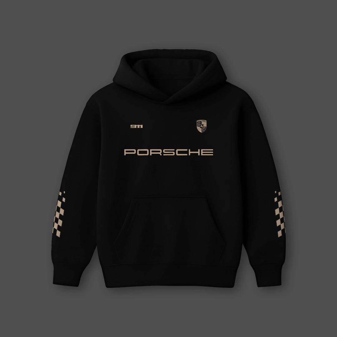 Black Porsche 911 hoodie featuring Porsche logo and checkered design on sleeves