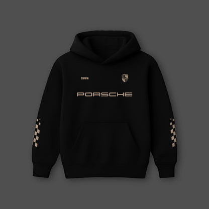 Black Porsche 911 hoodie featuring Porsche logo and checkered design on sleeves
