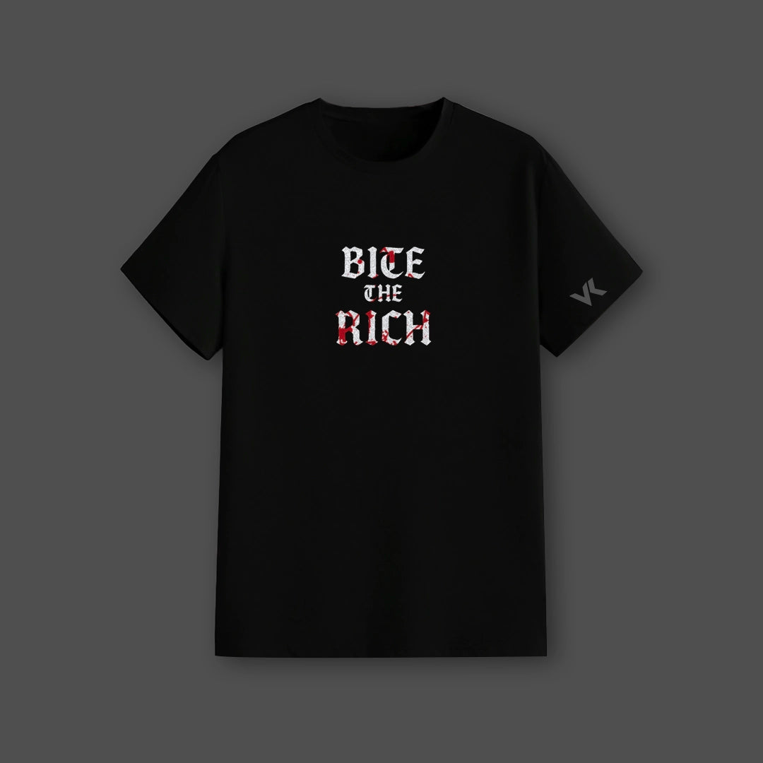 Vlack black streetwear t-shirt featuring bold 'Bite the Rich' graphic design