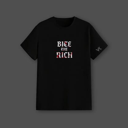 Vlack black streetwear t-shirt featuring bold 'Bite the Rich' graphic design