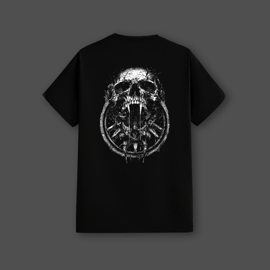 Vlack black streetwear t-shirt featuring a bold skull graphic on the back for a stylish look
