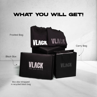 Vlack black streetwear t-shirt and packaging including a black box and frosted bag