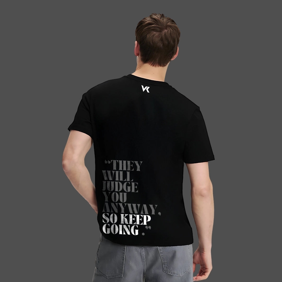 Vlack Black Regular Fit Streetwear T-Shirt for Men with Motivational Text Graphic on Back