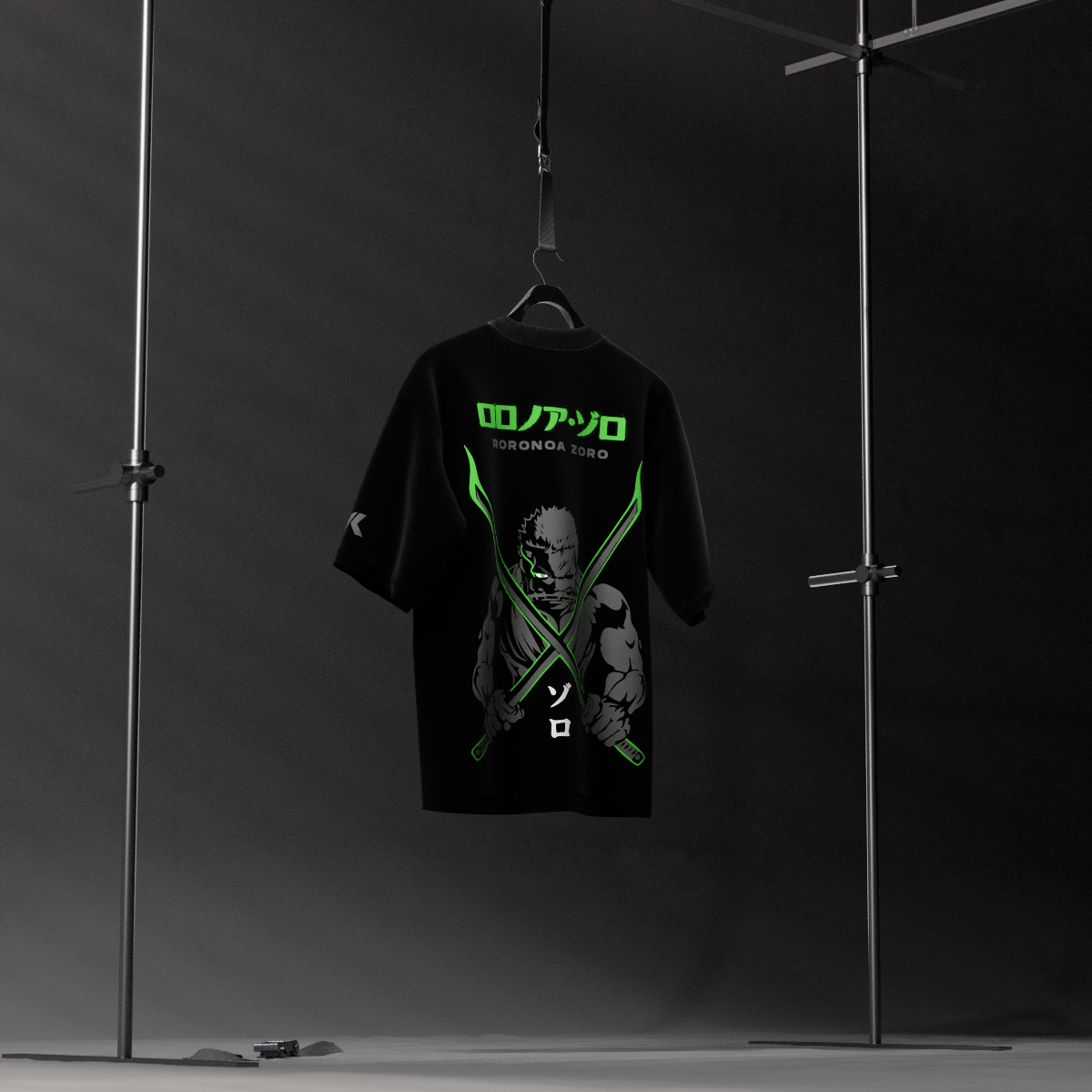 Blade Master Zoro black oversized t-shirt featuring a vibrant graphic of Zoro with swords