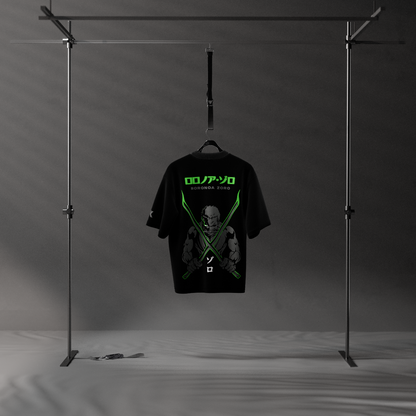 Blade Master Zoro black oversized t-shirt featuring a striking graphic design on the back