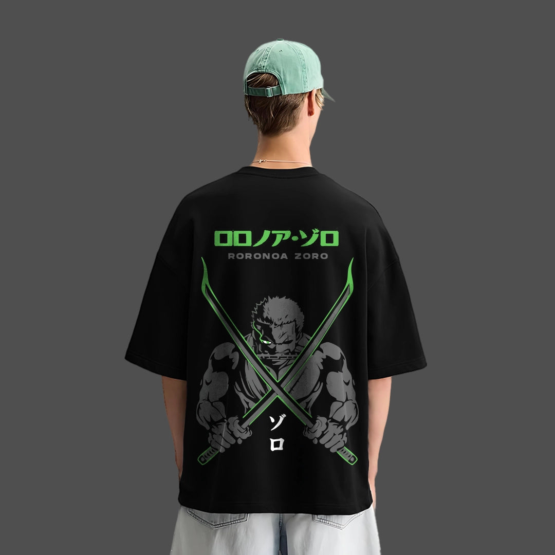 Blade Master Zoro black oversized t-shirt featuring graphic design of Zoro with swords on the back