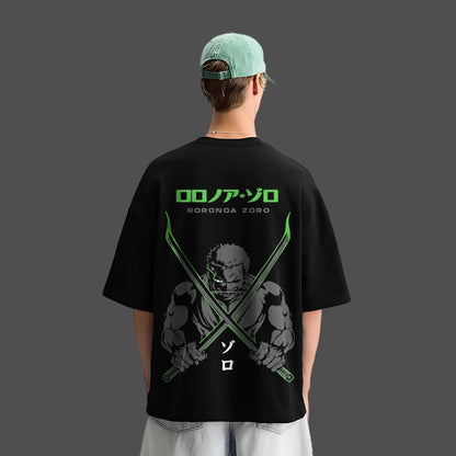 Blade Master Zoro black oversized t-shirt featuring graphic design of Zoro with swords on the back