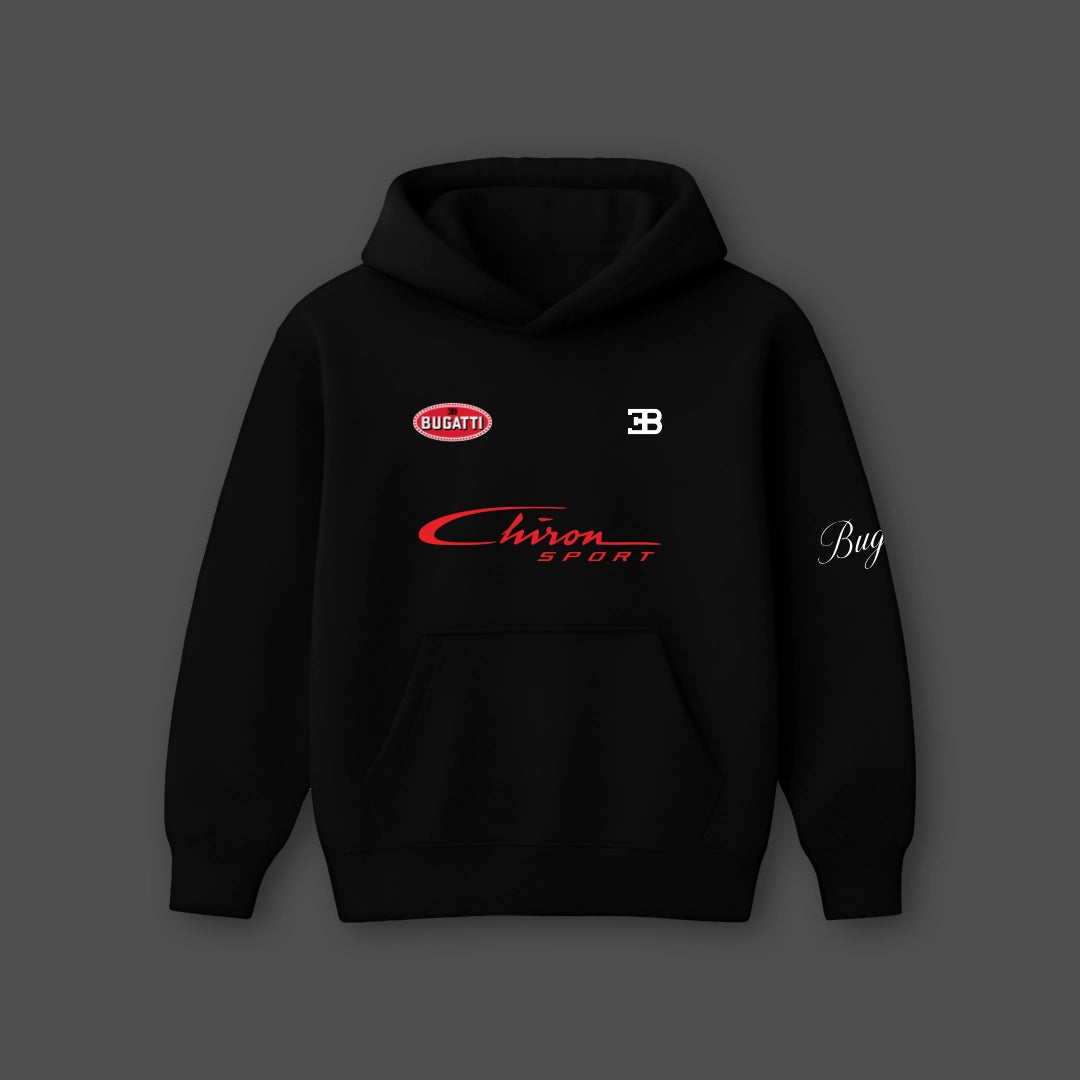 Vlack black oversized hoodie for men featuring Bugatti logo and Chiron Sport design details